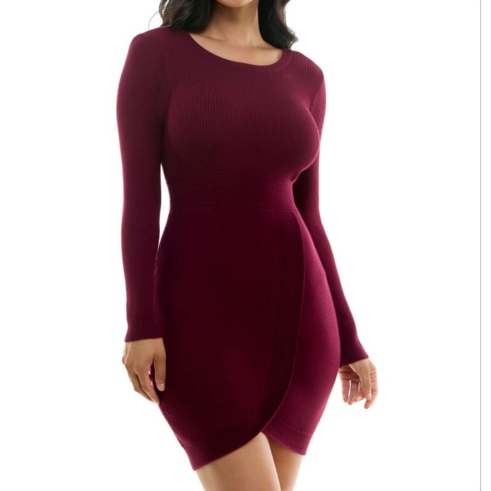 Bcx Juniors' Round-NecK Faux-Wrap Ribbed Sweater Dress - Bordeaux